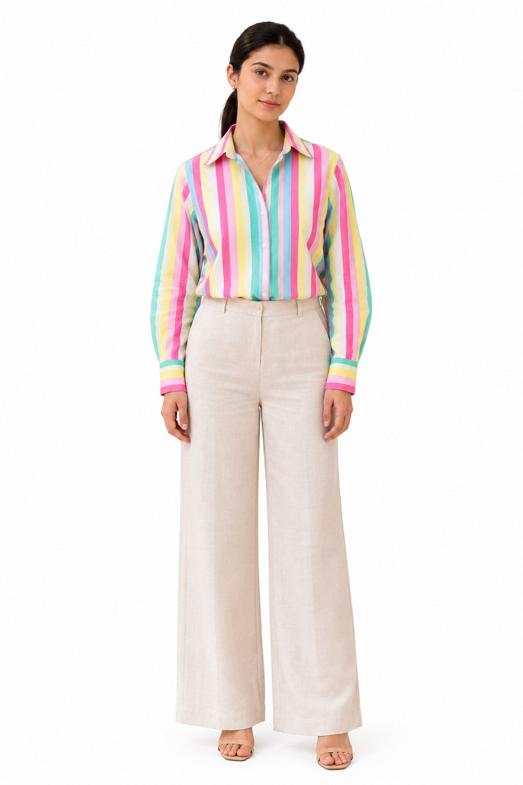 Playful striped shirt featuring vibrant pastel pink, blue, yellow, and green tones, a classic collar, and button-down front.