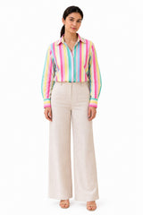 Playful striped shirt featuring vibrant pastel pink, blue, yellow, and green tones, a classic collar, and button-down front.