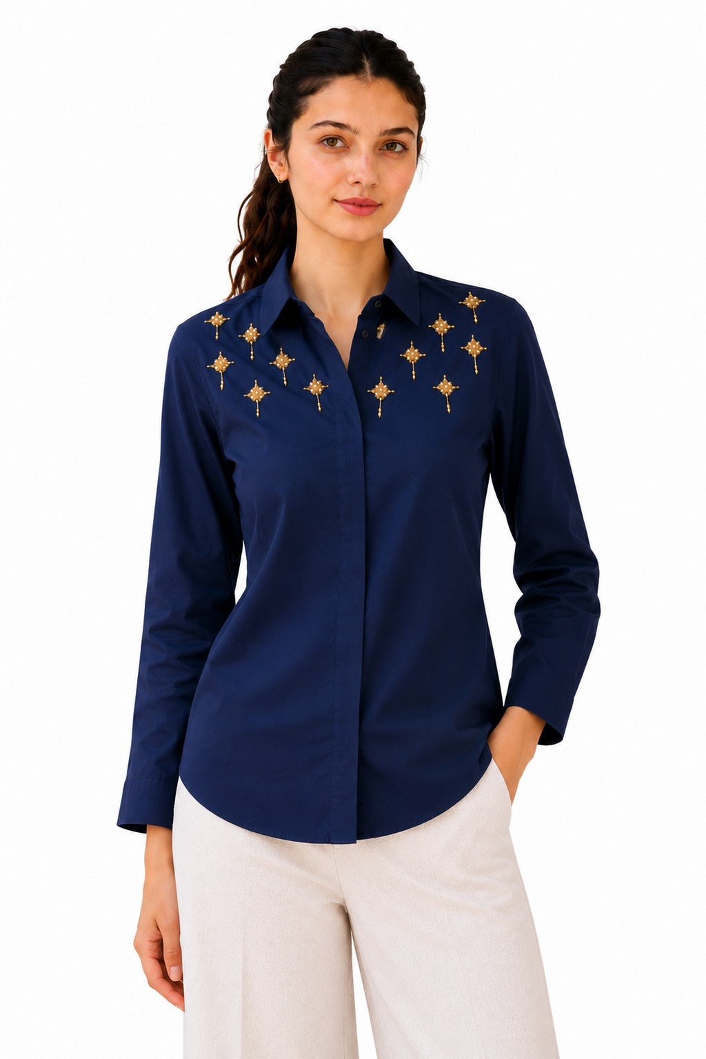 Classic navy shirt with a pointed collar, curved hem, and intricate gold embellishments scattered across the upper chest.