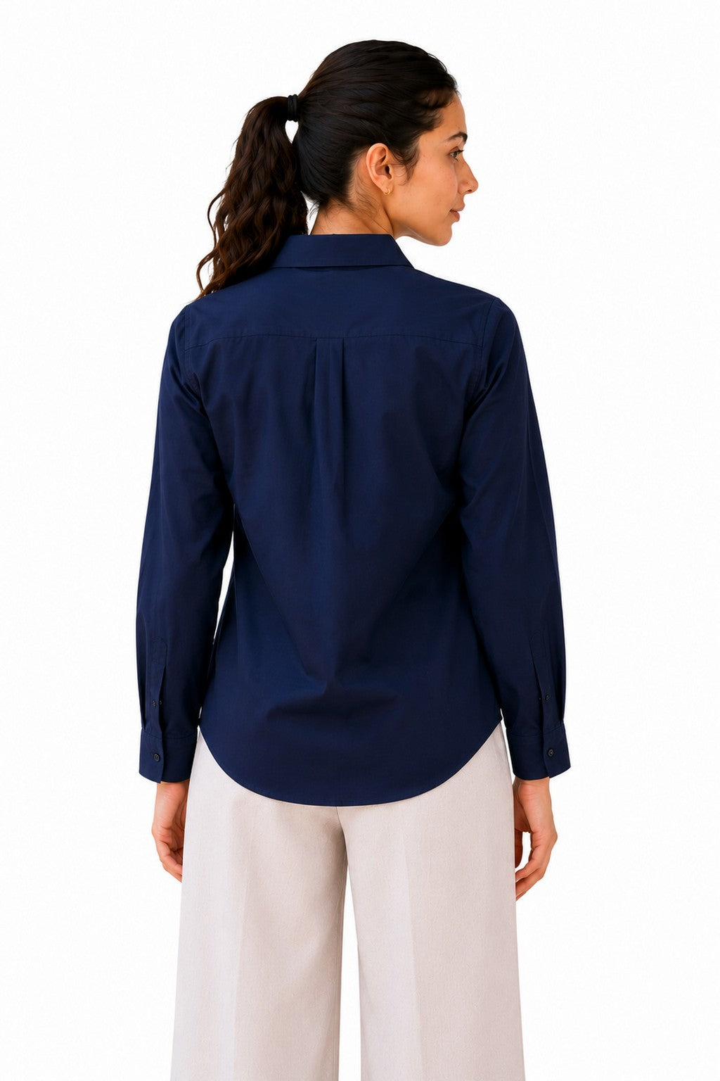 Clean navy back with a softly curved hem and a minimal, polished finish.