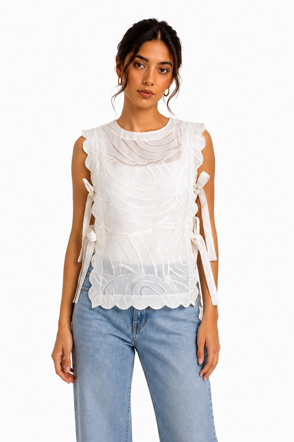 Cloud Top airy white sleeveless top with delicate eyelet cutouts