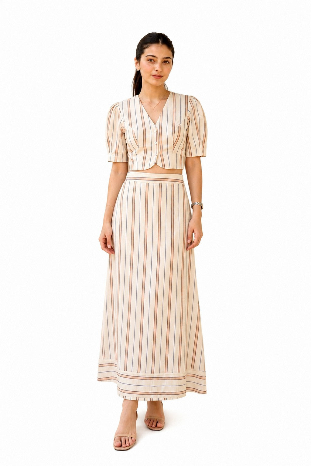 Dune Coord with a cropped short-sleeve blouse and matching skirt