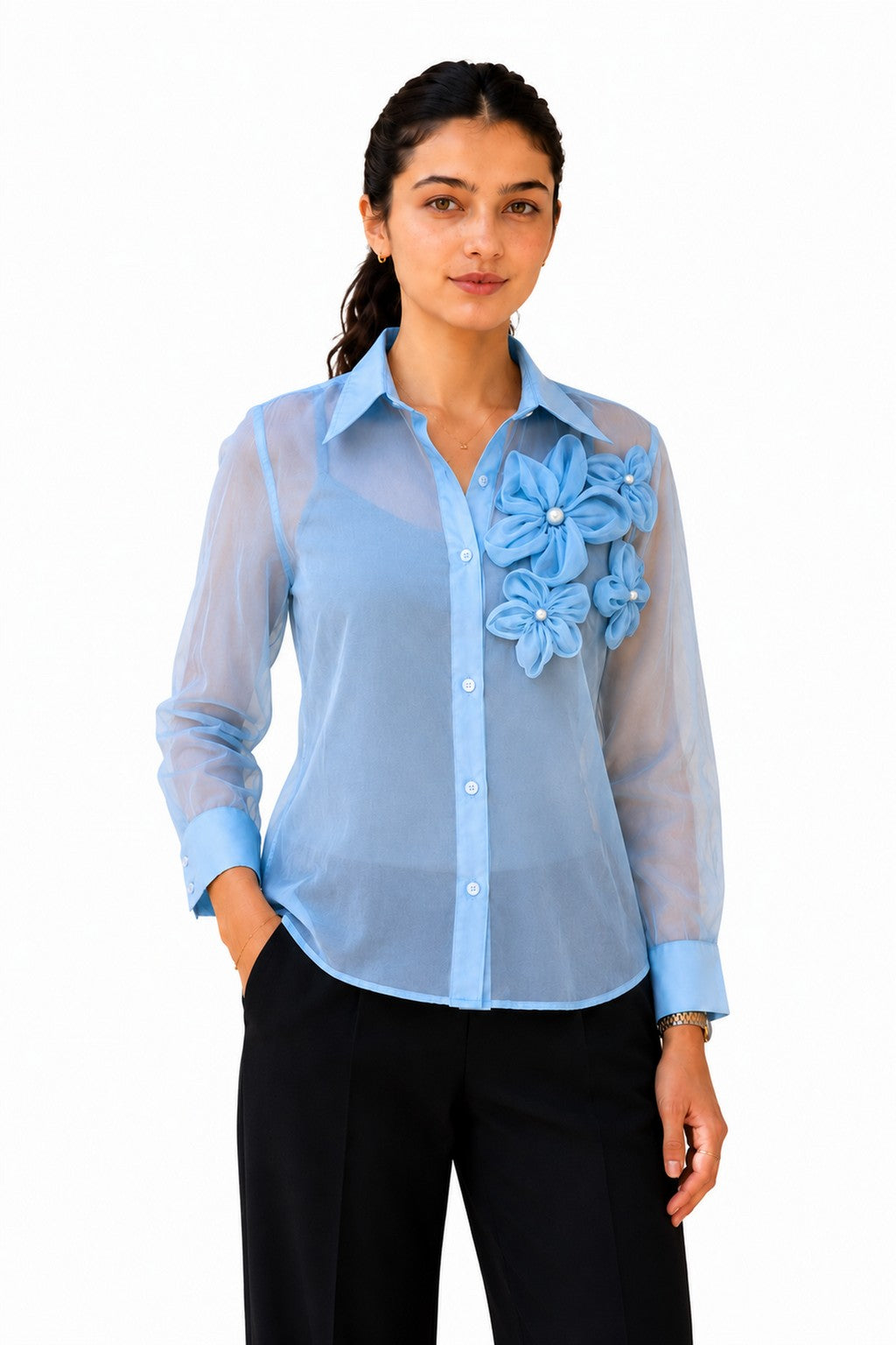 Elegant sky-blue sheer shirt with a classic collar, button-down front, and statement 3D floral appliqués adorning the chest.