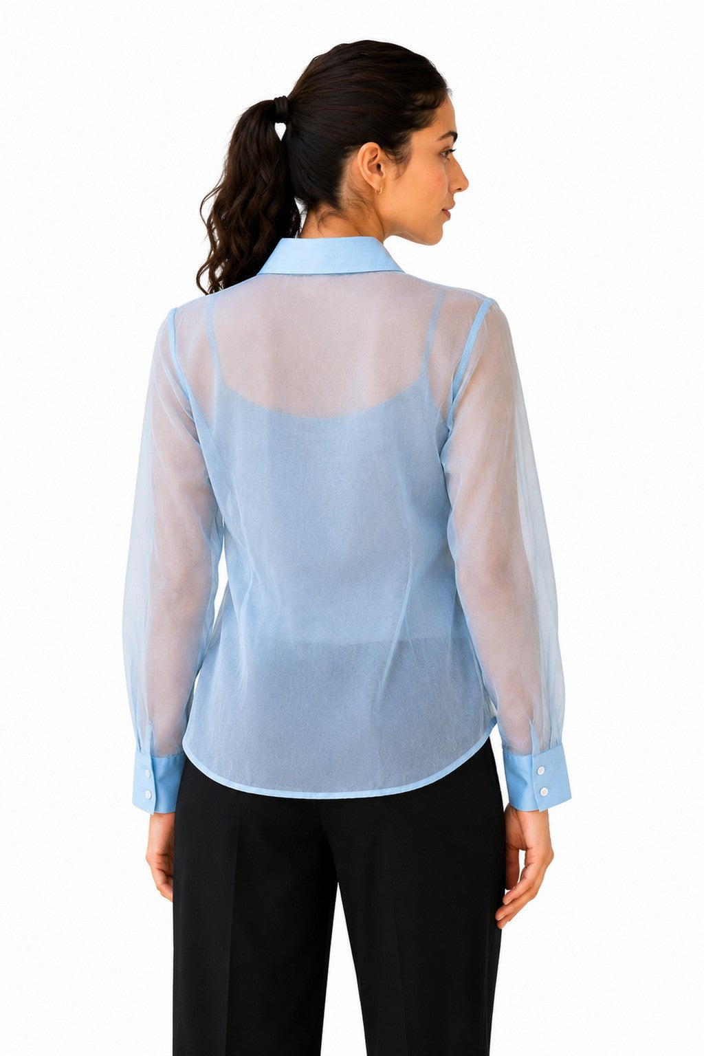 Clean sheer blue finish with a relaxed curved hem and subtle translucent detailing for an effortless look.