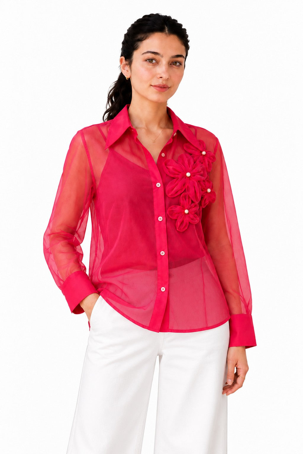 Elegant red sheer shirt with a classic collar, button-down front, and statement 3D floral appliqués adorning the chest.