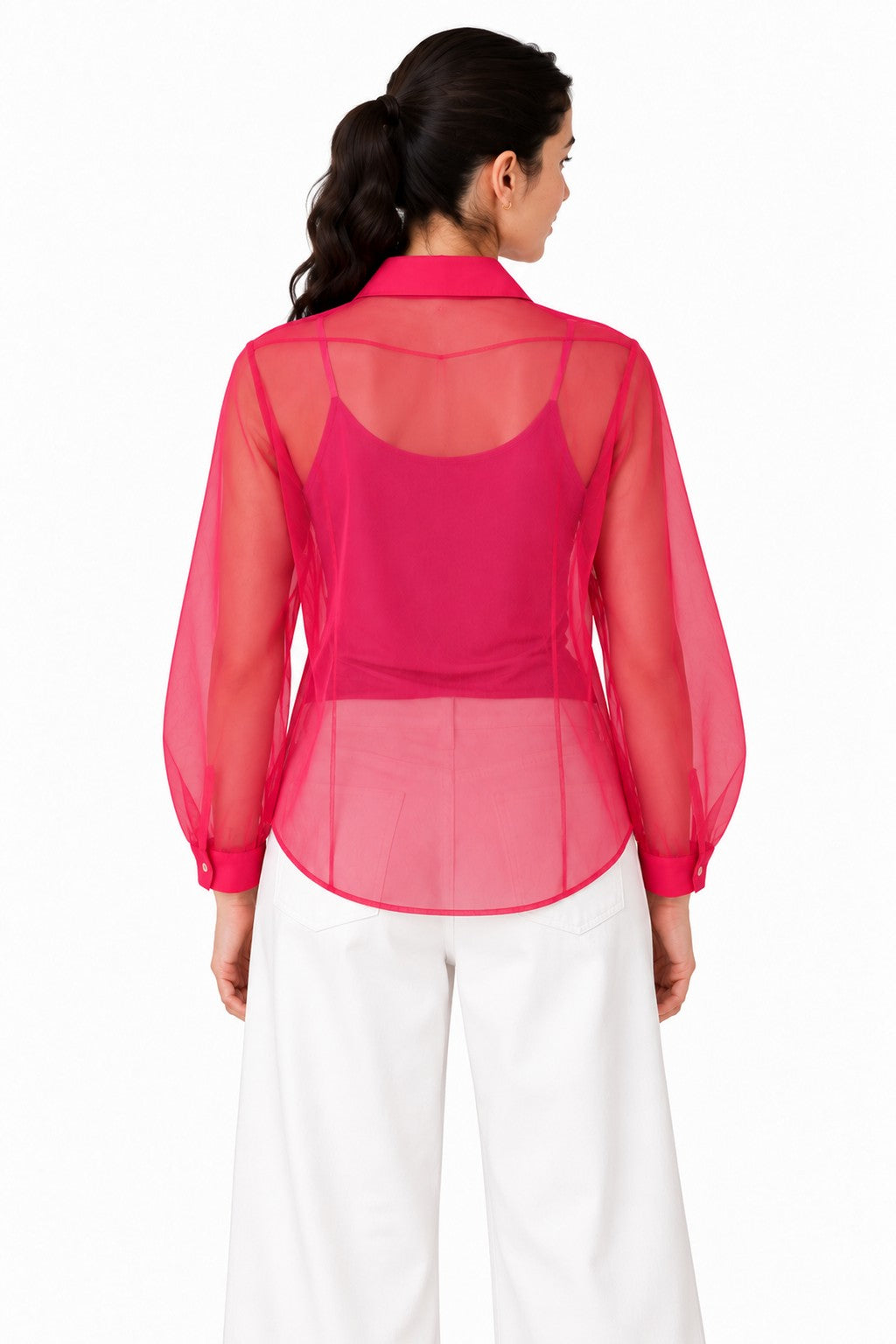 Clean sheer red finish with a relaxed curved hem and subtle translucent detailing for an effortless look.