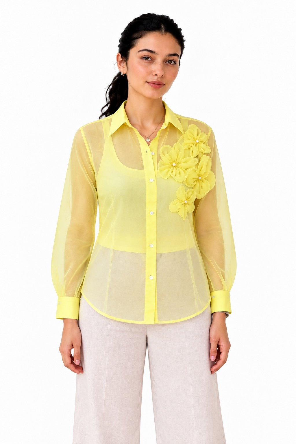 Elegant yellow sheer shirt with a classic collar, button-down front, and statement 3D floral appliqués adorning the chest.