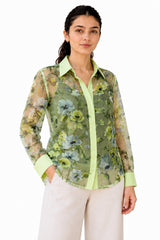 Elegant sheer green floral shirt featuring a vibrant botanical print, contrasting lime-green collar and cuffs, and a classic button-down front.
