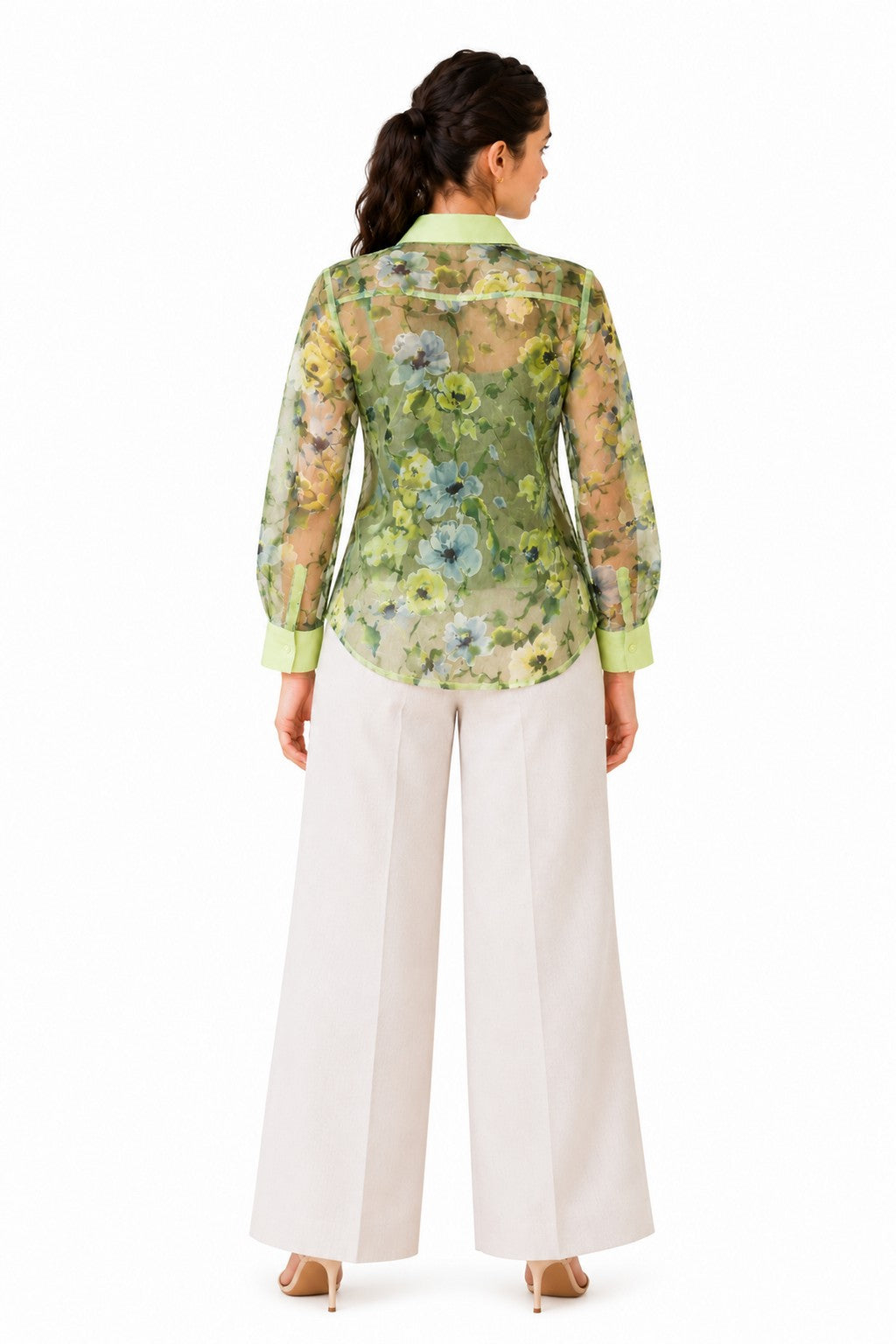 Sheer floral finish with an all-over botanical print, framed by a structured lime-green collar