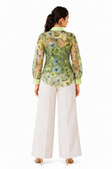 Sheer floral finish with an all-over botanical print, framed by a structured lime-green collar