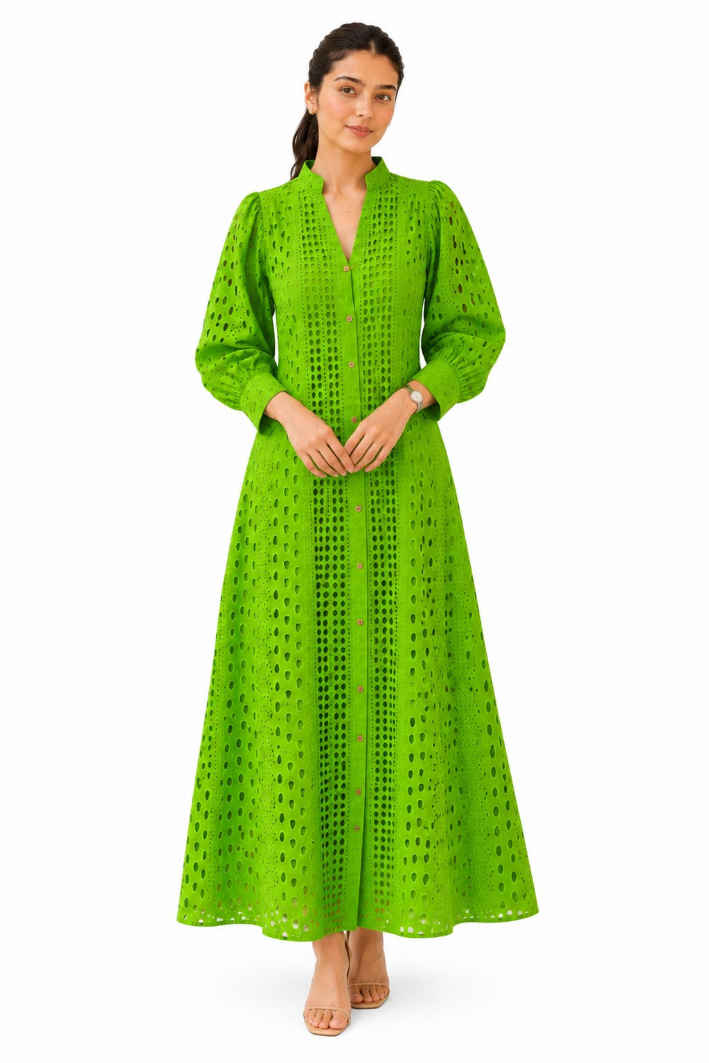 Vibrant green shirt dress featuring a stand collar, button-down front, puffed sleeves