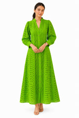 Vibrant green shirt dress featuring a stand collar, button-down front, puffed sleeves