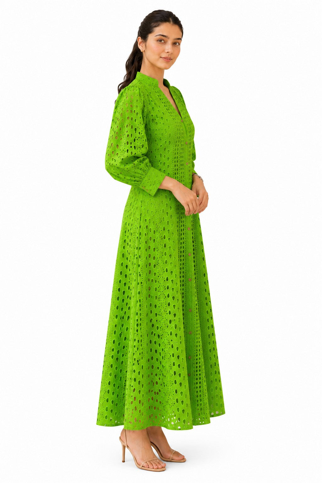 Flared A-line silhouette with voluminous sleeves and delicate cutwork
