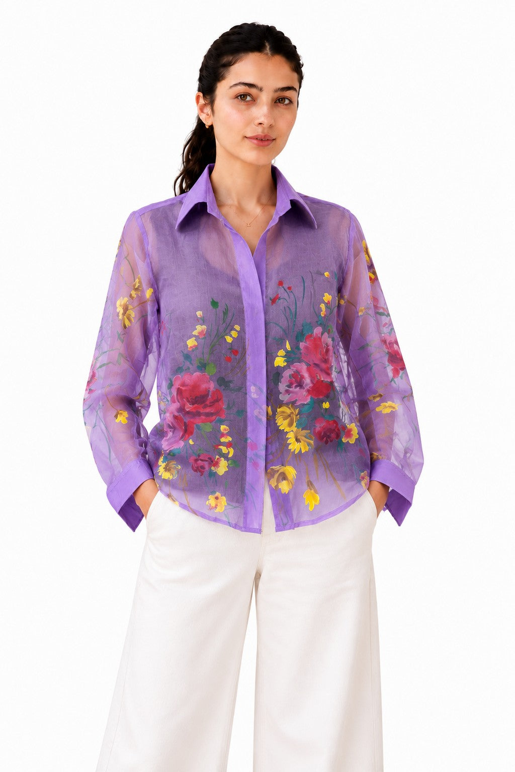 Striking lilac sheer shirt featuring a vibrant multicolour floral print, classic pointed collar, button-down front, and long sleeves.
