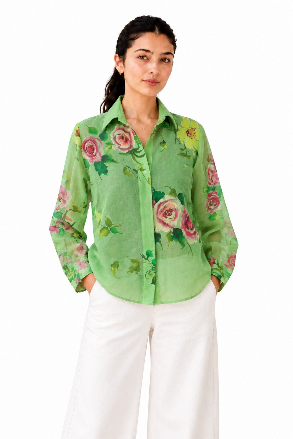 Fresh green sheer shirt featuring a vibrant rose floral print, classic pointed collar, button-down front,