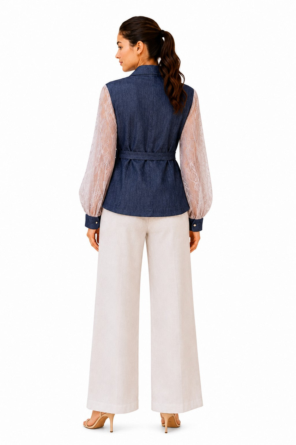Clean navy back with a fitted wrap construction, elegant waist definition, and sheer lace sleeves for contrast.