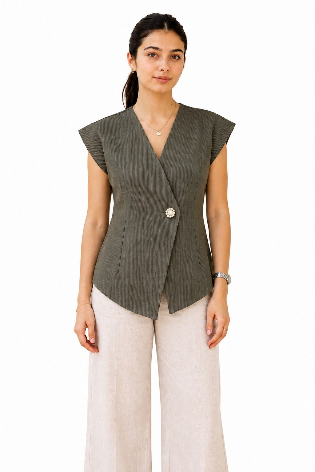 Olivine Top with a flattering V-neck and asymmetrical fastening