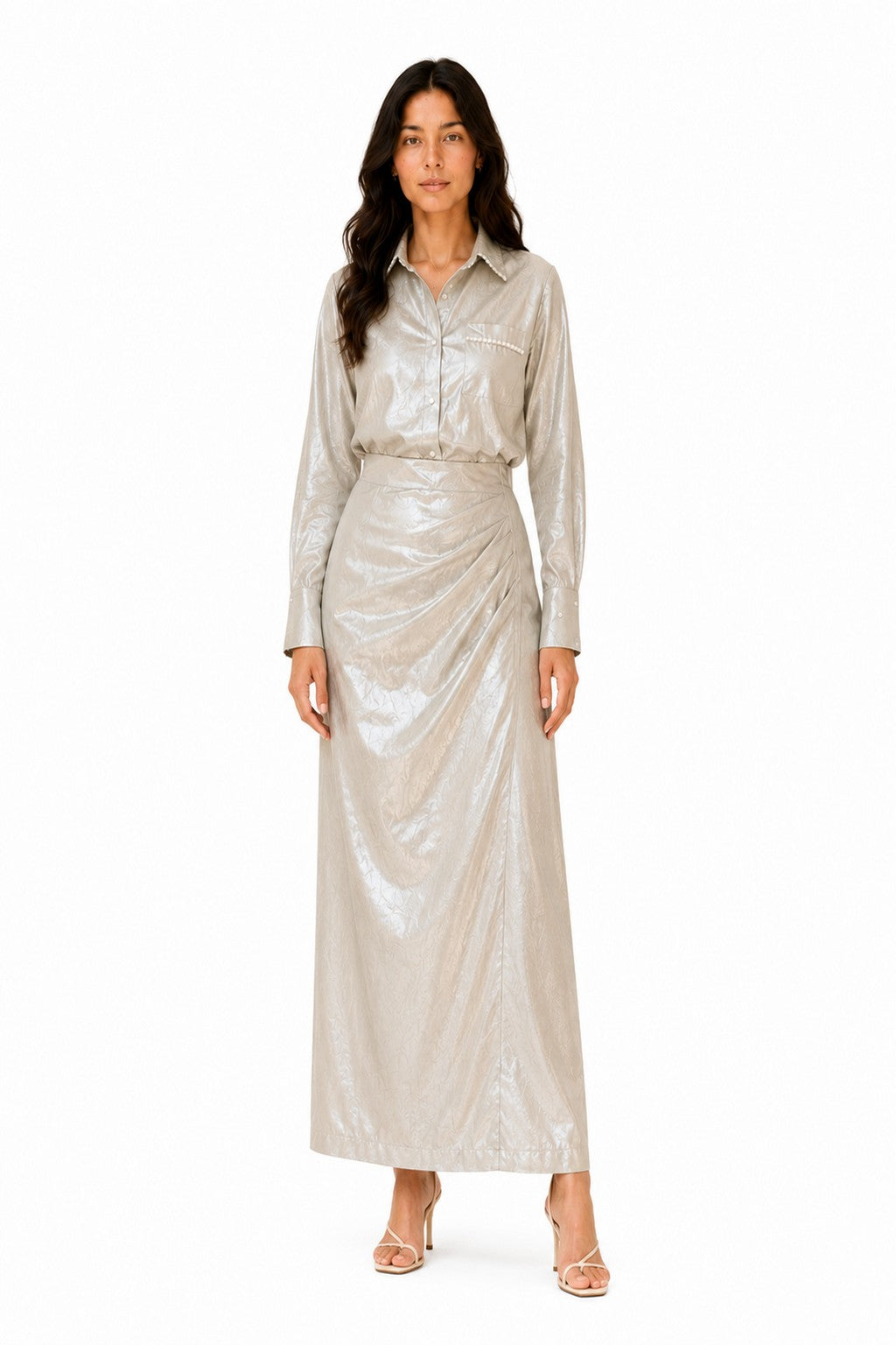 Opal Coord with a long-sleeve crop blouse and high-waisted wrap skirt