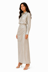 Opal Coord with a fluid floor-sweeping drape in soft off-white