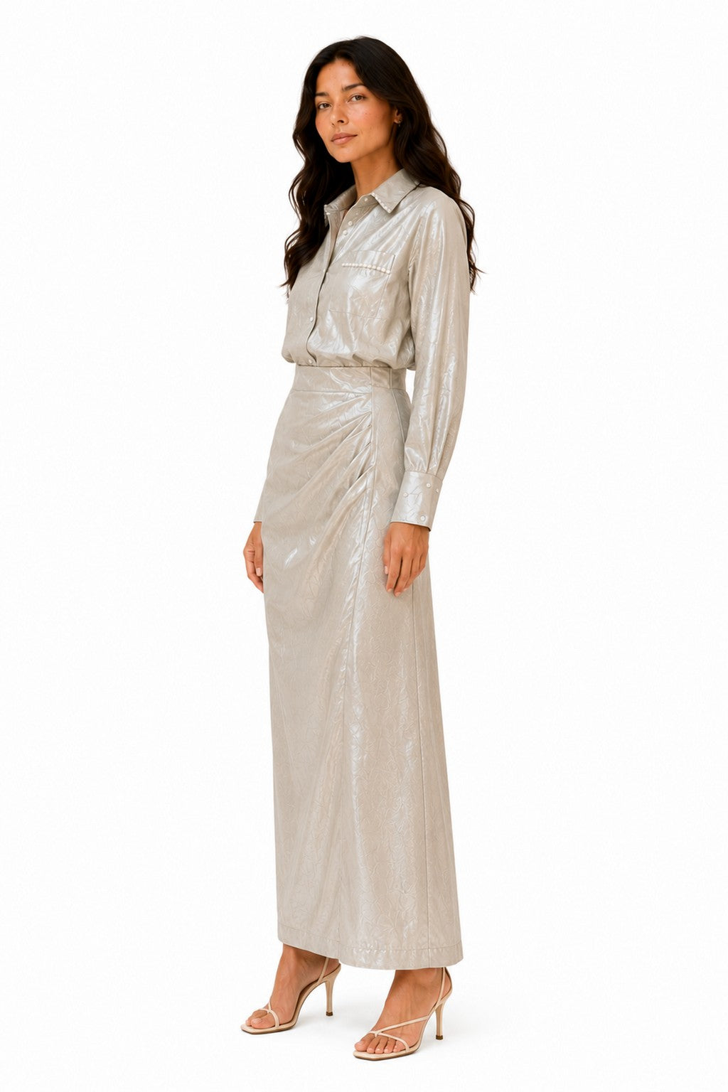 Opal Coord with a fluid floor-sweeping drape in soft off-white
