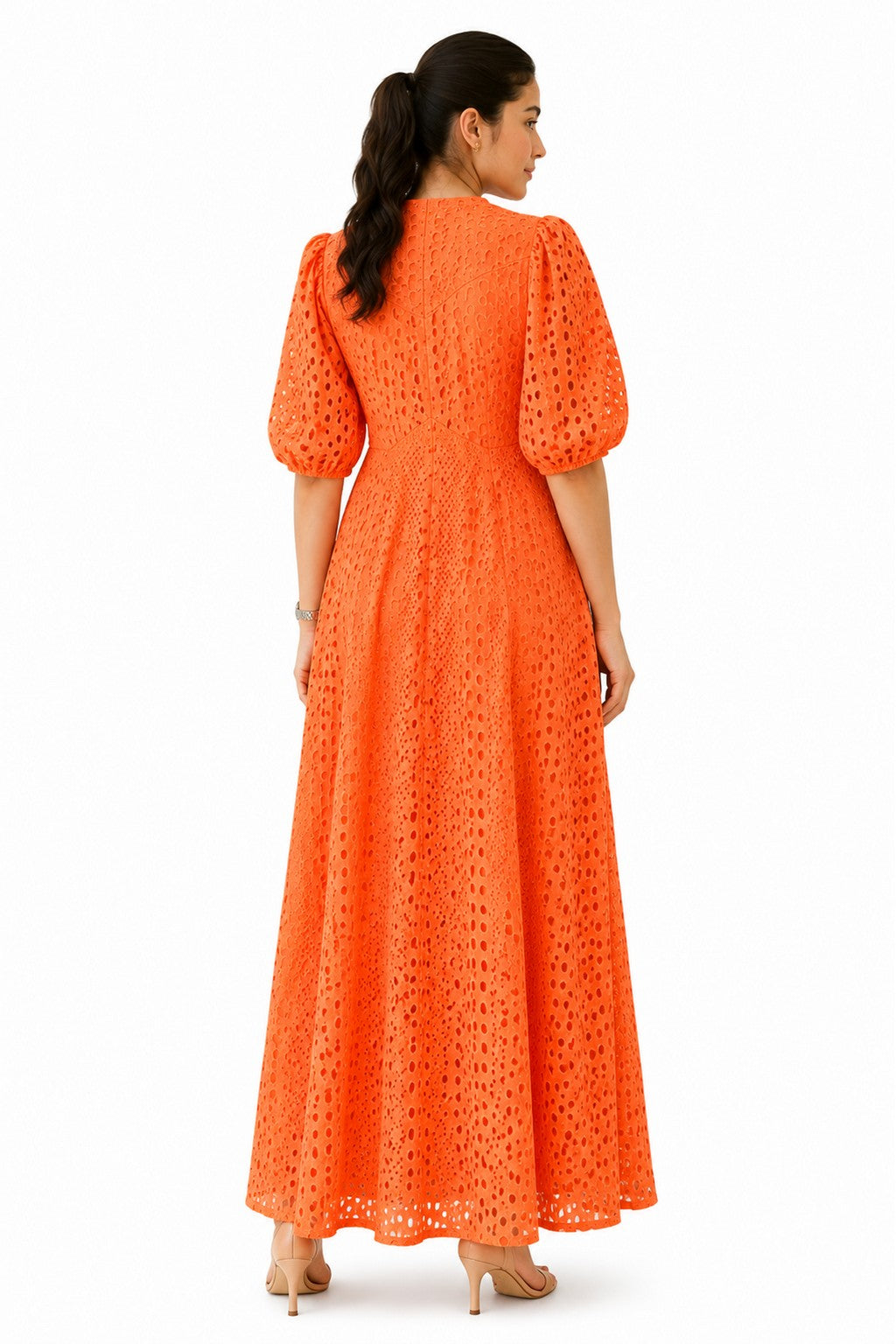 Elegant full-length back showcasing the same intricate cutwork texture