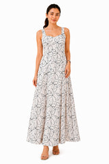 Elegant white maxi dress with wide shoulder straps, a flattering square neckline, and an all-over black floral line-art print.