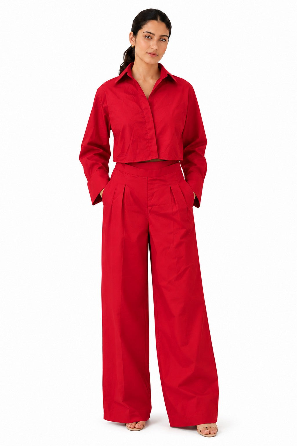 Striking red co-ord set featuring a cropped button-down shirt with a classic collar