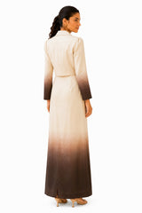 Clean tailored blazer back with a cropped hem and ombré sleeve detailing, complemented by the skirt’s seamless ivory-to-brown gradient.