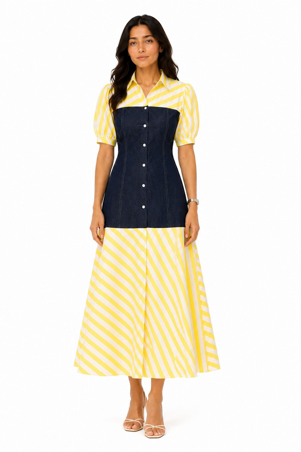 Sol Stripe Dress with a dark sleeveless pinafore-style overlay
