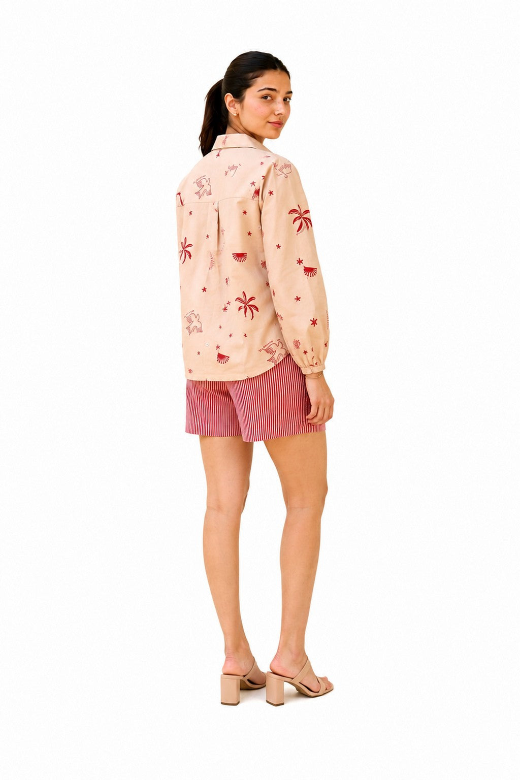 Terra Coord warm neutral shirt and shorts set with red motifs