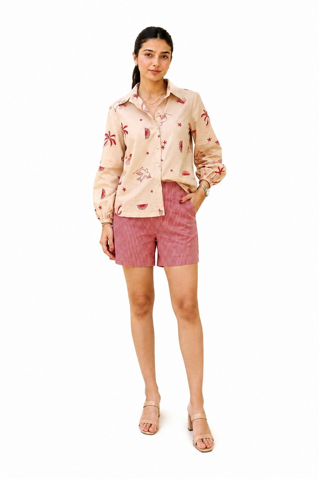 Terra Coord with a relaxed long-sleeve button-down and high-waisted shorts
